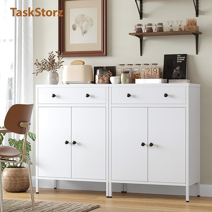 Metal Storage Cabinet with Drawer and Adjustable Shelf, 2-Piece Set White Steel - Image 3