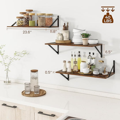 24"W x 12"D Wall Shelves for Books, 12 Inch Deep Floating Shelves Set of 3 - Image 3