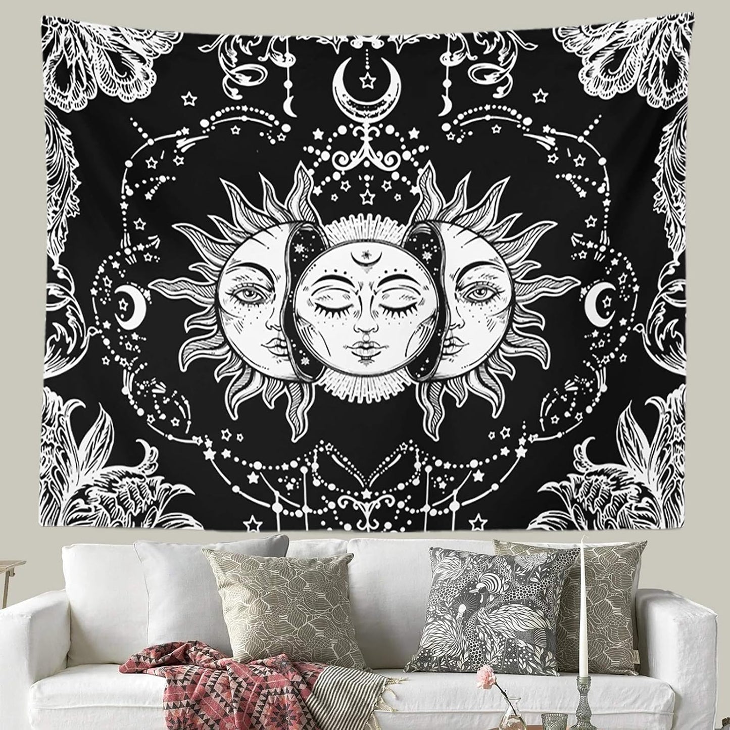 Sun and Moon Tapestry Black and White Tapestries Mystic Burning Sun with Star Wall Hanging Decor for Bedroom (40" W x 30" L)