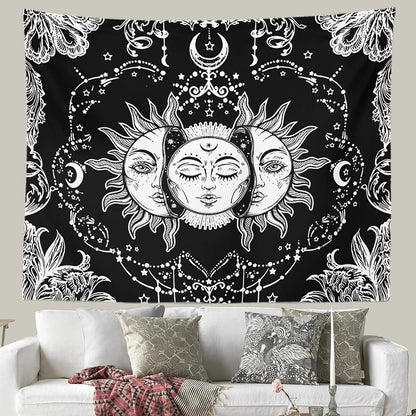Sun and Moon Tapestry Black and White Tapestries Mystic Burning Sun with Star Wall Hanging Decor for Bedroom (40" W x 30" L)