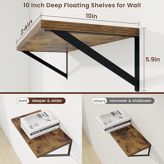 Axeman Deep Floating Shelves | 24 Inch Brown Wall Shelves Set of 2 | 10 Inch - Image 3