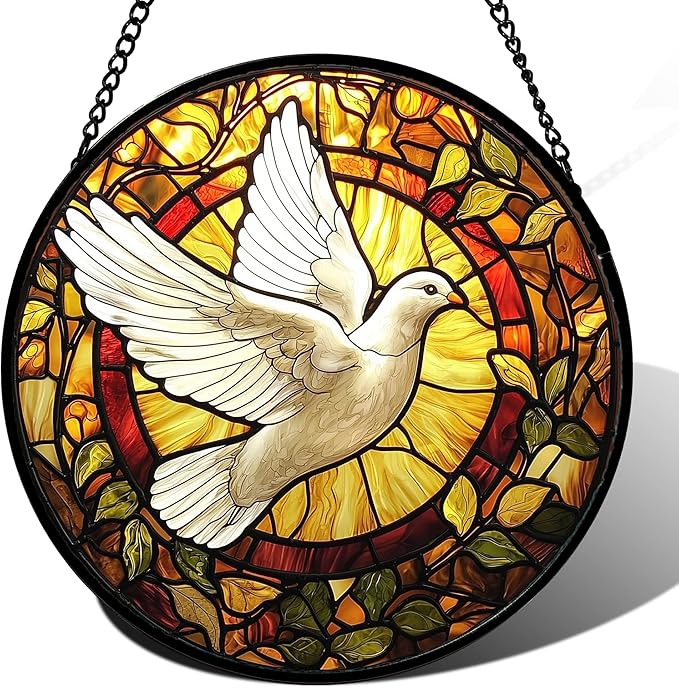 DASTOLL Stained Glass Window Hanging, Flying White Dove Sun Catchers Diamond by DASTOLL