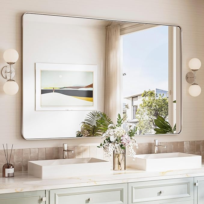 TokeShimi 55x36 Bathroom Mirror Brushed Nickel, Aluminum Framed Bathroom Mirrors by RefinedBathroomAccessories