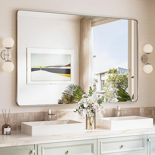 TokeShimi 55x36 Bathroom Mirror Brushed Nickel, Aluminum Framed Bathroom Mirrors by RefinedBathroomAccessories