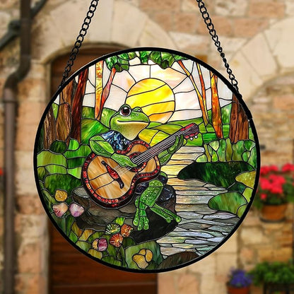 DASTOLL Stained Glass Window Hanging, Frog Playing Guitar Suncatcher Diamond - Image 5