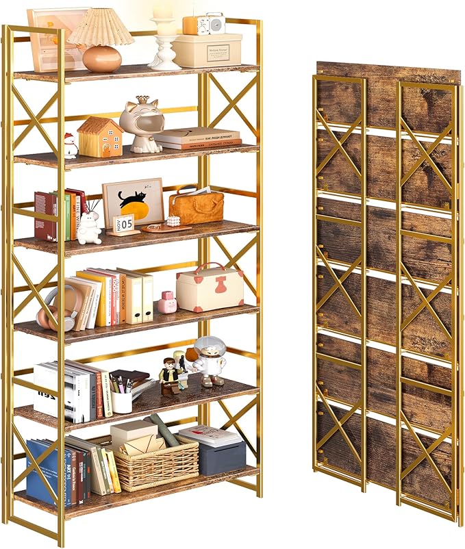 4NM Extra Wide 6 Tiers No Assembly Book Shelves, 61.8" H Folding Bookshelf by 4NM