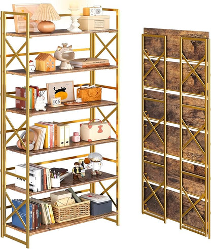 4NM Extra Wide 6 Tiers No Assembly Book Shelves, 61.8" H Folding Bookshelf by 4NM