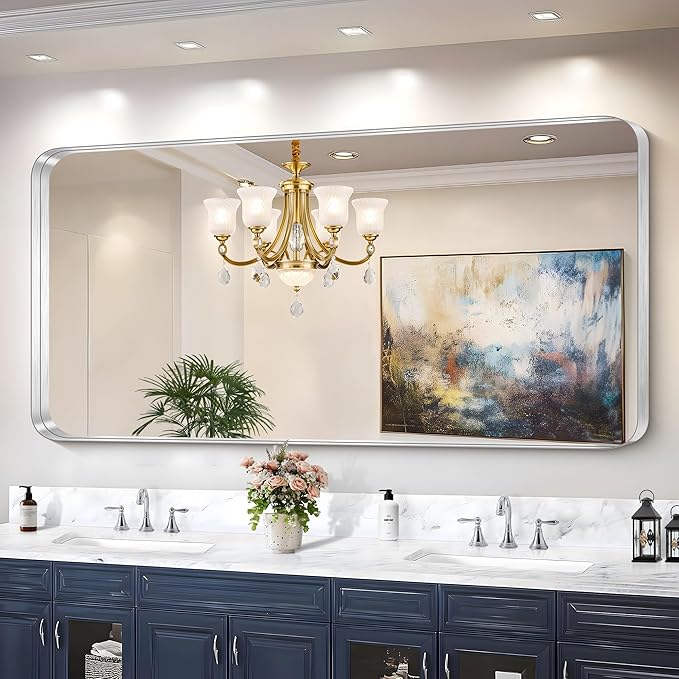 CIRCUMI Silver Bathroom Mirror, Rounded Corner, Tempered Glass, Large Mirror by CIRCUMIMirror