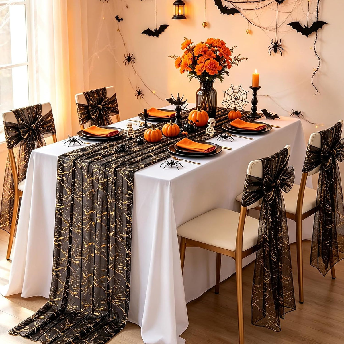 Halloween Black Table Runner Gold Party Decorations 10ft 3pcs Gauze Tulle