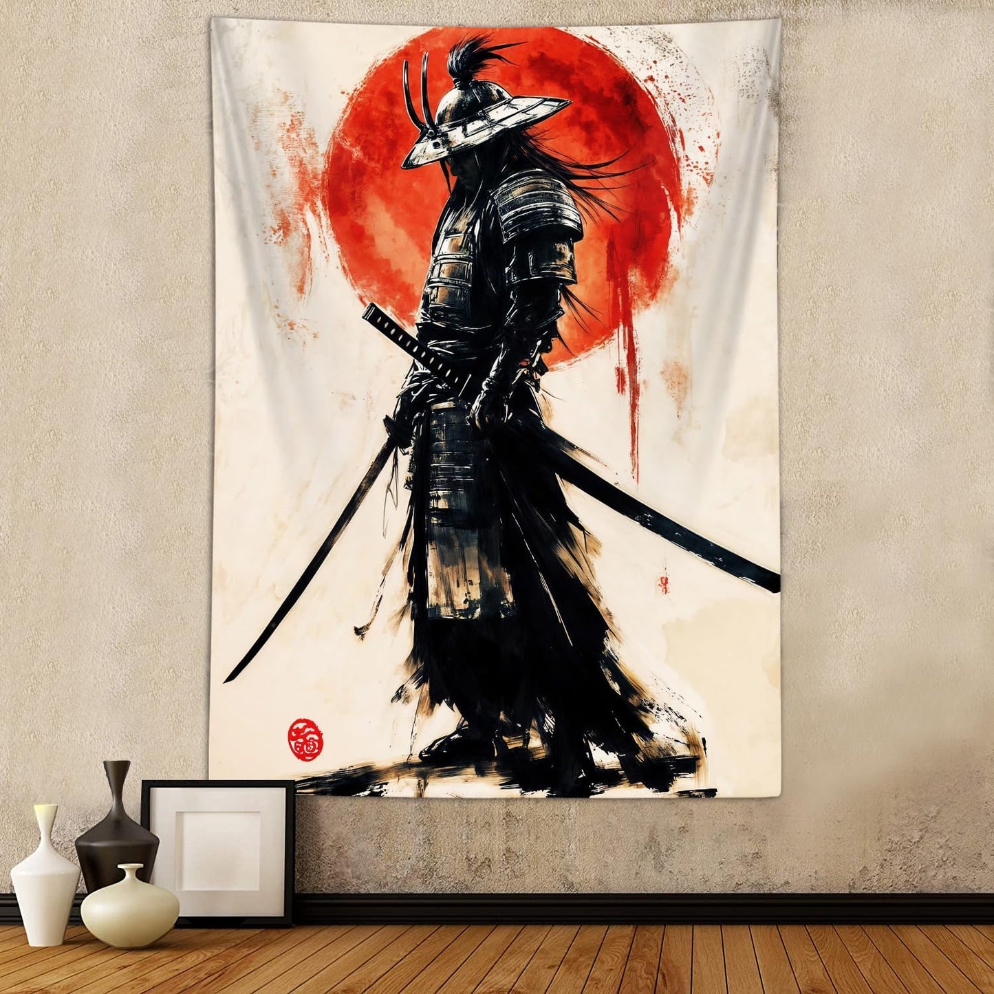 Sanzugh Anime Japanese Samurai Tapestry, Cool Japan Black and Red Sun Art Tapestries Wall Hanging for Men Boys Bedroom Decor 40X60 Poster