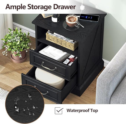 Nightstand with Charging Station Set of 2, Farmhouse Wood Small Dresser - Image 5