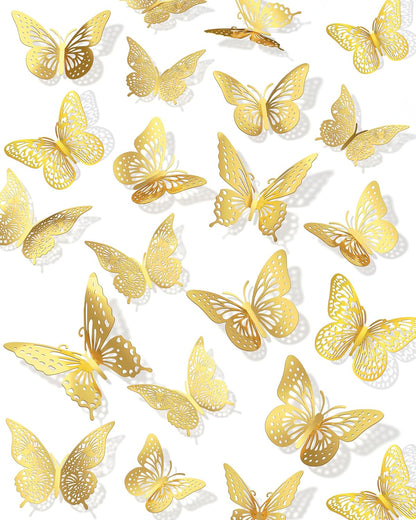 72Pcs 3D Butterfly Wall Decor, Gold Butterfly Fathers Day Decorations, 4 Styles 3 Sizes Removable Butterflies Room Decor Butterflies Wall Stickers for Birthday Party Tea Cake Flower Decorations