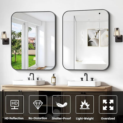 Bathroom Mirror, 30 x 24 inch Metal Framed Black Rectangle Mirror, Rounded - Image 6