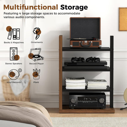 space-saving corner audio rack, 4-tier stereo cabinet media showing dimensions