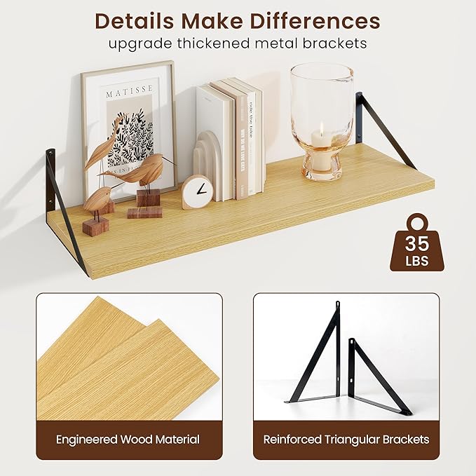 Axeman 30 Inch Floating Shelves | 10 Inch Deep Oak Wall Shelves Set of 2 | 30" - Image 5
