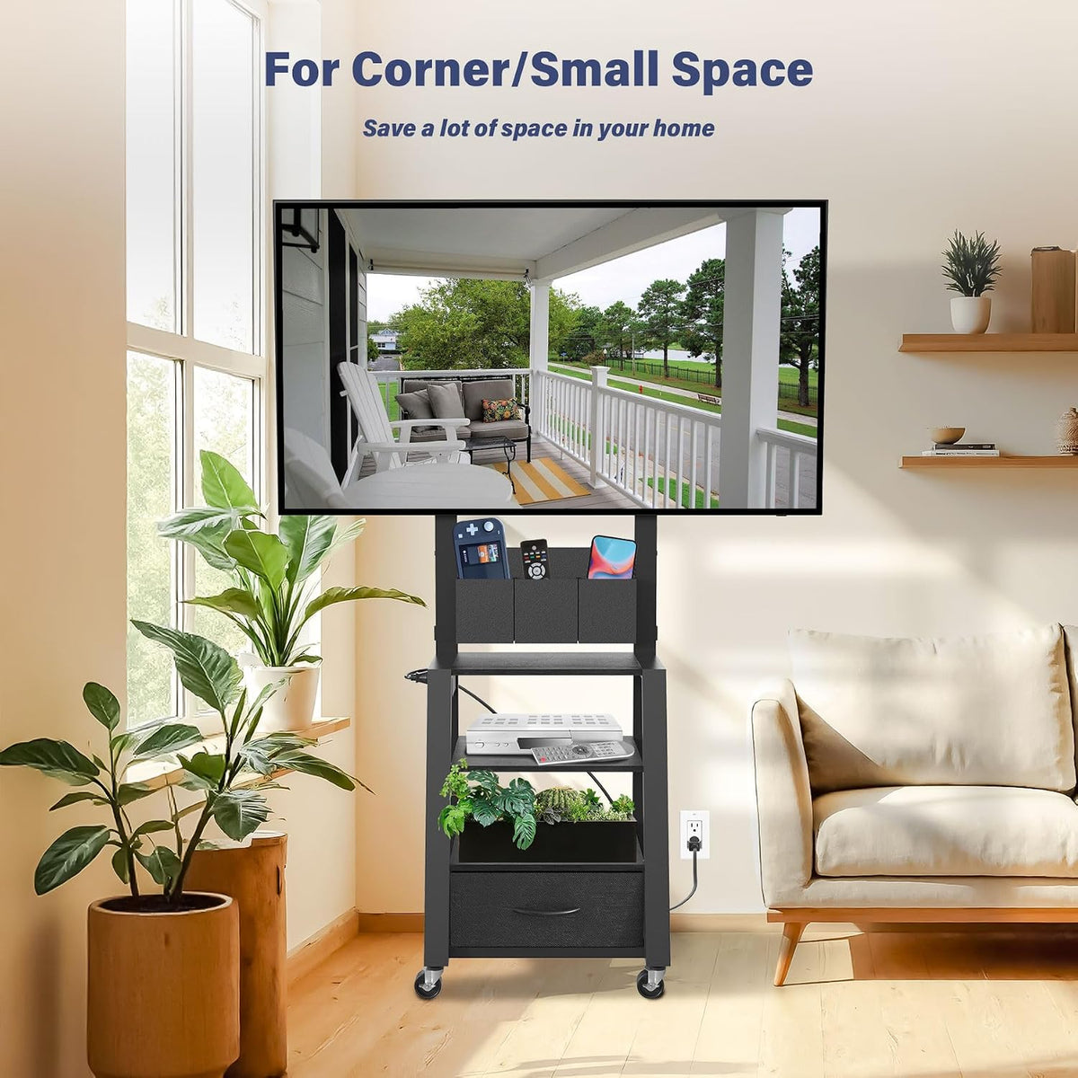 Rolling TV Stand with Power Outlet & 4-Tier Storage for 23"-60"...