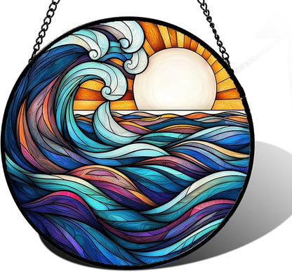 DASTOLL Stained Glass Window Hanging, Big Wave Sun Suncatcher Diamond Glass by DASTOLL