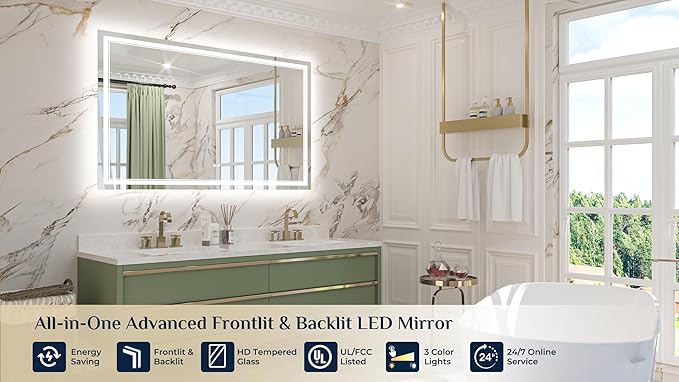 Keonjinn 55" x 36" LED Mirror, Frontlit & Backlit Bathroom Mirror, Tempered - Image 9