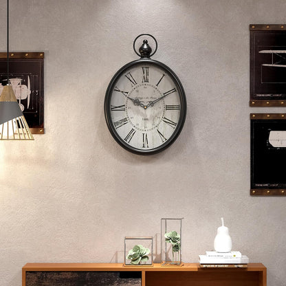 Menterry Large Oval Retro Wall Clock, Rustic Vintage Style, Antique Black | Battery Operated Silent Decor Wall Clocks for Living Room,Kitchen,Farmhouse,Office (15.5" H x 10.5" W)