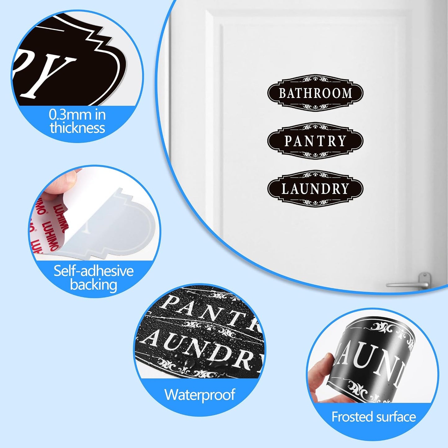3PCS Bathroom/Laundry Room/Pantry Door Signs Sticker, Self-Adhesive | Weatherproof and Fade-Resistant Vinyl Bathroom Door Decal Decor for Home, House, Business, Office, Apartment（9" x 3.5"）