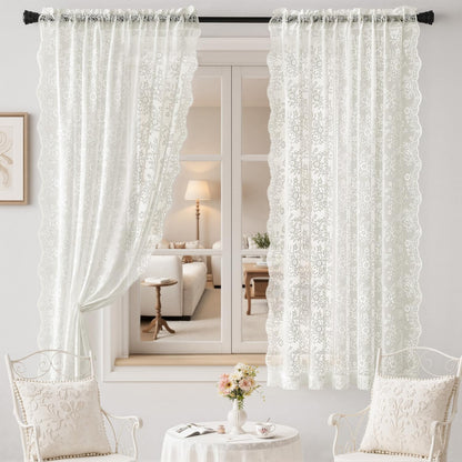 2 Panels Vintage Lace Curtains 63 Inches Length 52 x 63 Inch Ivory | Floral and Branch Pattern, Elegant, Romantic, Sheer, Light Filtering, Lacy Drapes, Living Room, Bedroom