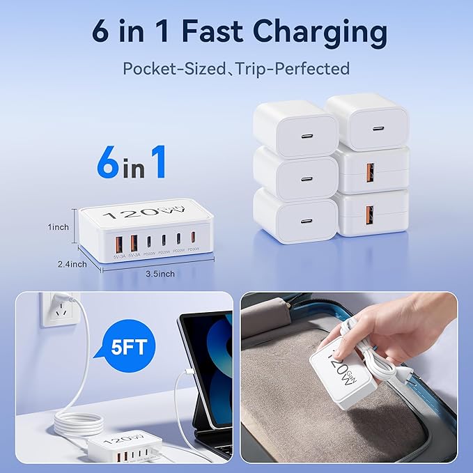 USB C Charger Block, 120W GaN 6-Port Charging Station, 30W Fixed PD Port Type C - Image 5