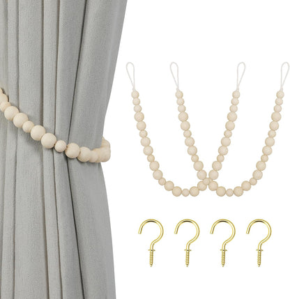 KLOGTSIND Wood Bead Curtain Tiebacks, 2 Pack Curtain Tie Backs with Hooks | Curtain Holdbacks for Thin or Thick Window Draperies, Boho Curtain Holders for Home Office Room Decor