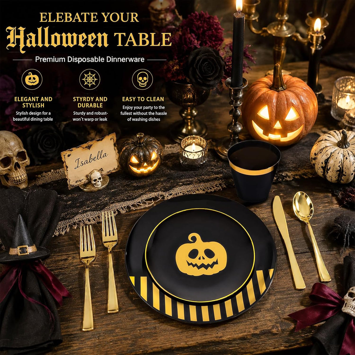 KIRE 25 Guest Halloween Plates Black Gold Plastic Plates Smiley Pumpkin inclu...