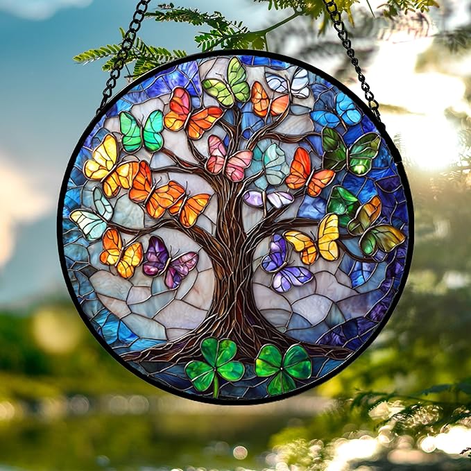 DASTOLL Stained Glass Window Hanging, Butterfly Tree Clover Sun Catchers Glass - Image 2