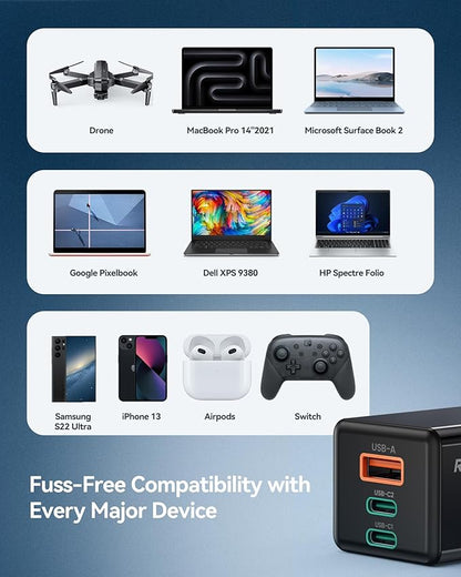 Ruko 65W USB C Charger, 3 Port Compact Foldable GaN Fast Charging Block Wall - Image 7