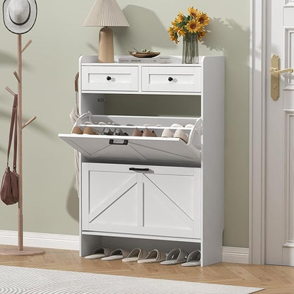 Shoe Cabinet with 2 Flip Drawers & 2 Storage Drawers, Rustic Farmhouse Narrow - Image 3