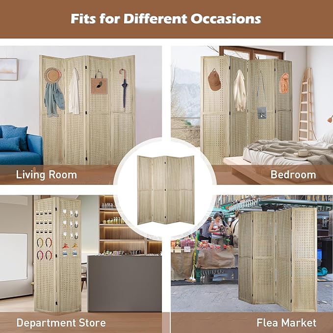 ECOMEX 4 Panel Room Divider, 5.6Ft Pegboard Display Wooden Room Divider Folding - Image 7