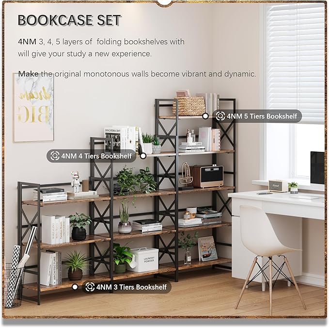 4NM 5 Tiers No Assembly Book Shelves, 51.2" H Folding Bookshelf Bookcase Open - Image 5