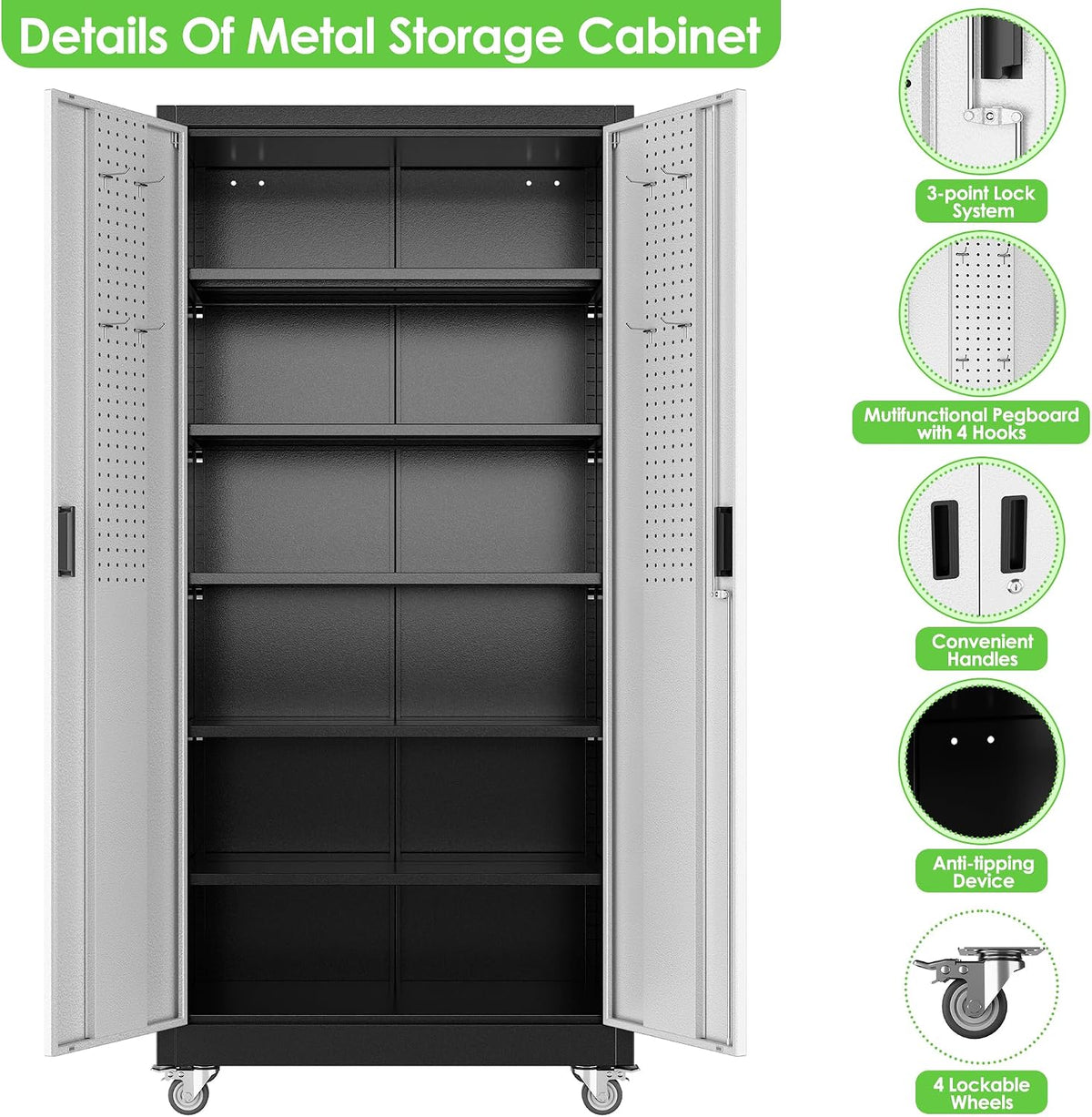 Reemoon Metal Garage Storage Cabinet with Wheels, Black and Silver