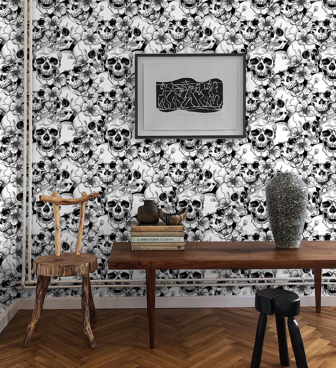 Sugar Skull Floral Peel and Stick Wallpaper - Waterproof, Thick, Self-Adhesive, Removable, Black/White, 17.5" x 393.7"