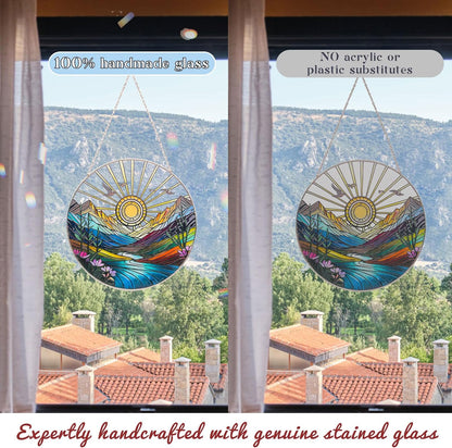 Sun Mountains Stained Glass Window Hanging, Sunrise & Sunset Design, Round Stained Glass Sun Catcher Window Hanging Decor, Handcrafted Art Panel for Indoor/Outdoor Light Catchers, Home Gifts (6inch)