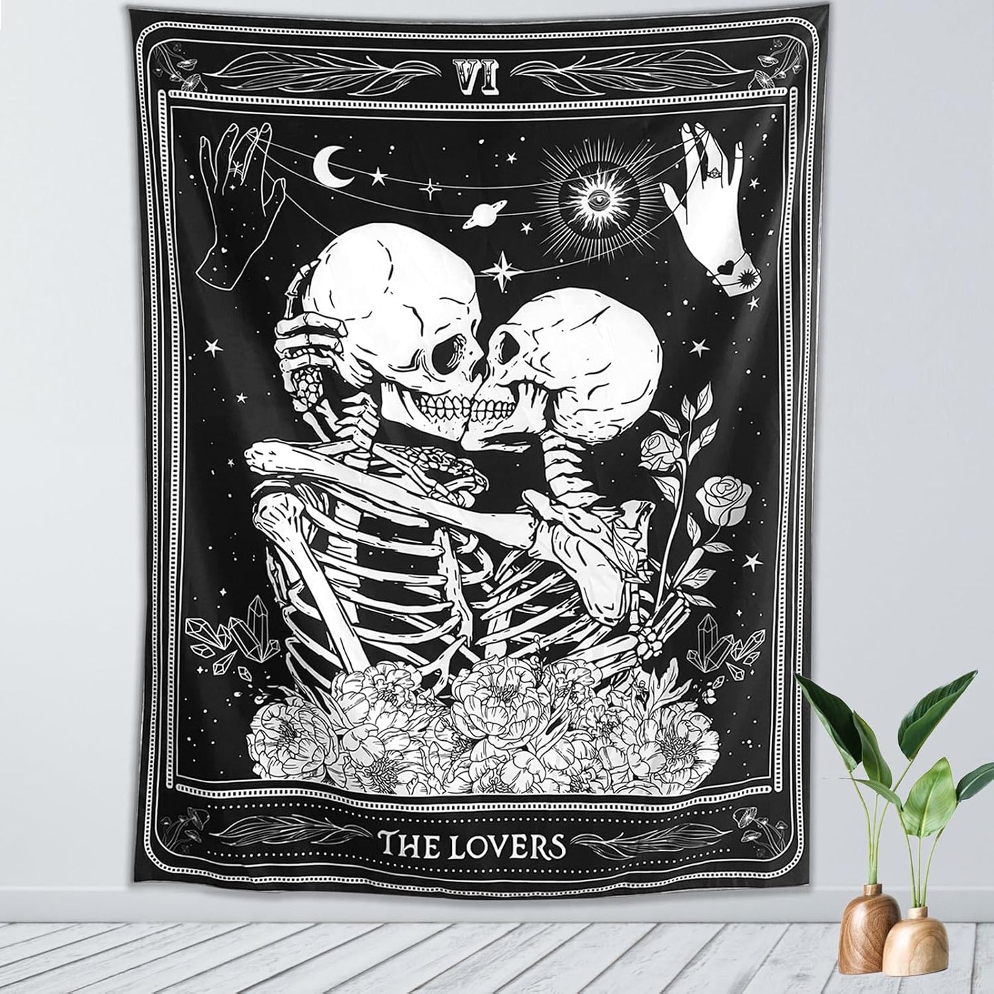 KJHL The Lovers Skull Wall Tapestry, Black and White Skeleton Wall Hanging | Gothic Room Decor,Dark Vertical Tarot Backdrop, Witchy Aesthetic Tapestries for Bedroom Living Room Dorm 60" x 44"