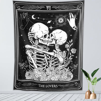 KJHL The Lovers Skull Wall Tapestry, Black and White Skeleton Wall Hanging | Gothic Room Decor,Dark Vertical Tarot Backdrop, Witchy Aesthetic Tapestries for Bedroom Living Room Dorm 60" x 44"