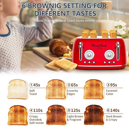 Plumchef 4 Slice Wide Slot Retro Style Toaster, Dual Control Toaster wtih Timer - Image 5