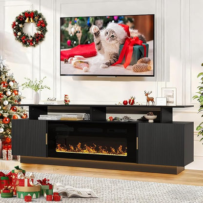 70” Fluted TV Stand with 36” Electric Fireplace, 2 Tier TV Console Cabinet with by Sumshadow