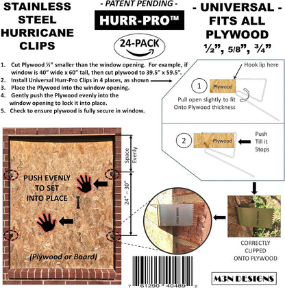 Universal Hurricane Window Clips, Stainless, 1/2" to 3/4" One-Size-Fits-All, 24-Pack 6-Windows, Reusable Hurricane Clip, Patent Pending