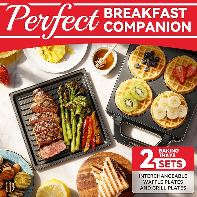 2 in 1 Mini Waffle Maker with Removable Plates, Panini Press Sandwich Maker - Image 2