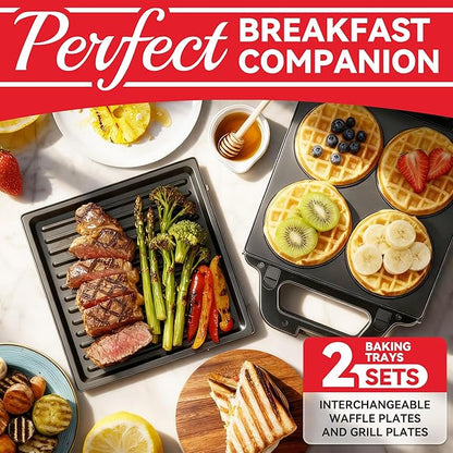 2 in 1 Mini Waffle Maker with Removable Plates, Panini Press Sandwich Maker - Image 2
