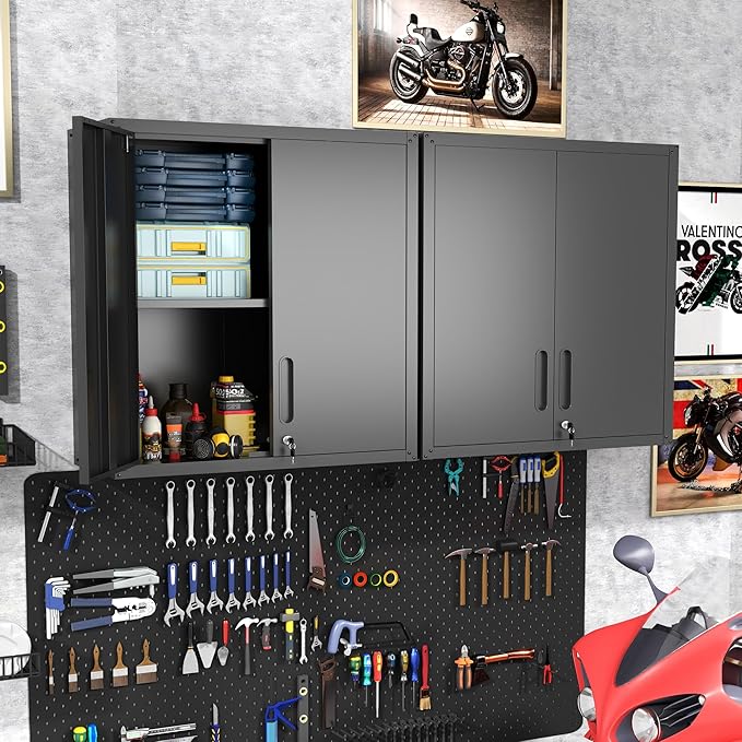 Garage Wall Cabinet with Doors and Shelves, Metal Wall Mounted Storage Cabinet - Image 2