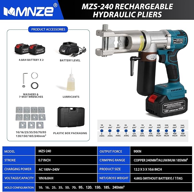 Electric Hydraulic Cable Lug Crimping Tool 8 AWG to 500 MCM Rechargeable - Image 4
