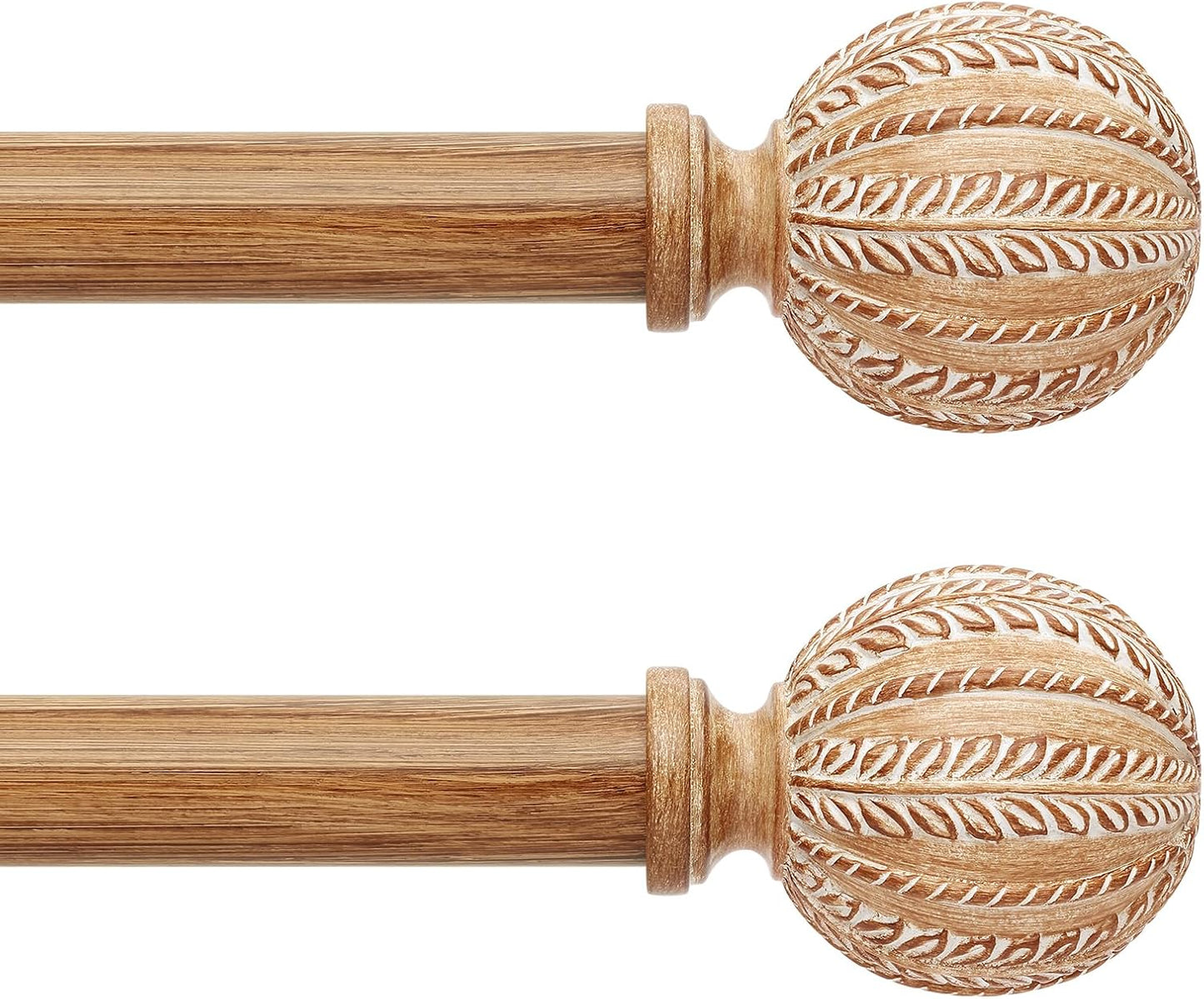 2 Pack Wood Curtain Rod for Windows 48 to 84 Inch, 1'' Diameter Adjustable Heavy Duty Rustic Farmhouse Drapery Rods with Boho Imitation Wooden Grain Decorative Finials, Size: 30''-88'' – Light Wood