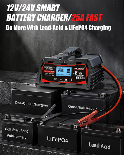 25a car battery charger 12v/24v lead acid & shown in use