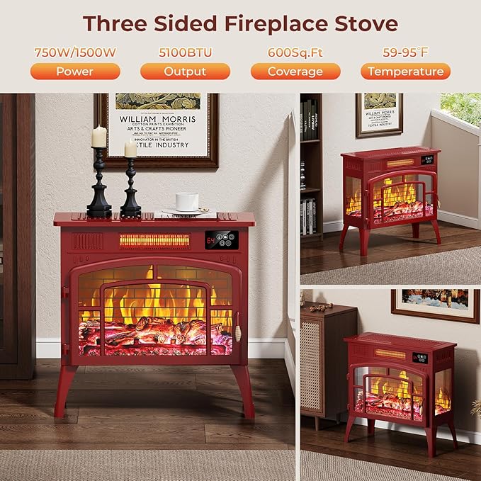 BREEZEHEAT Electric Fireplace Stove-Freestanding Fireplace Heater w/ 3D Flame - Image 2