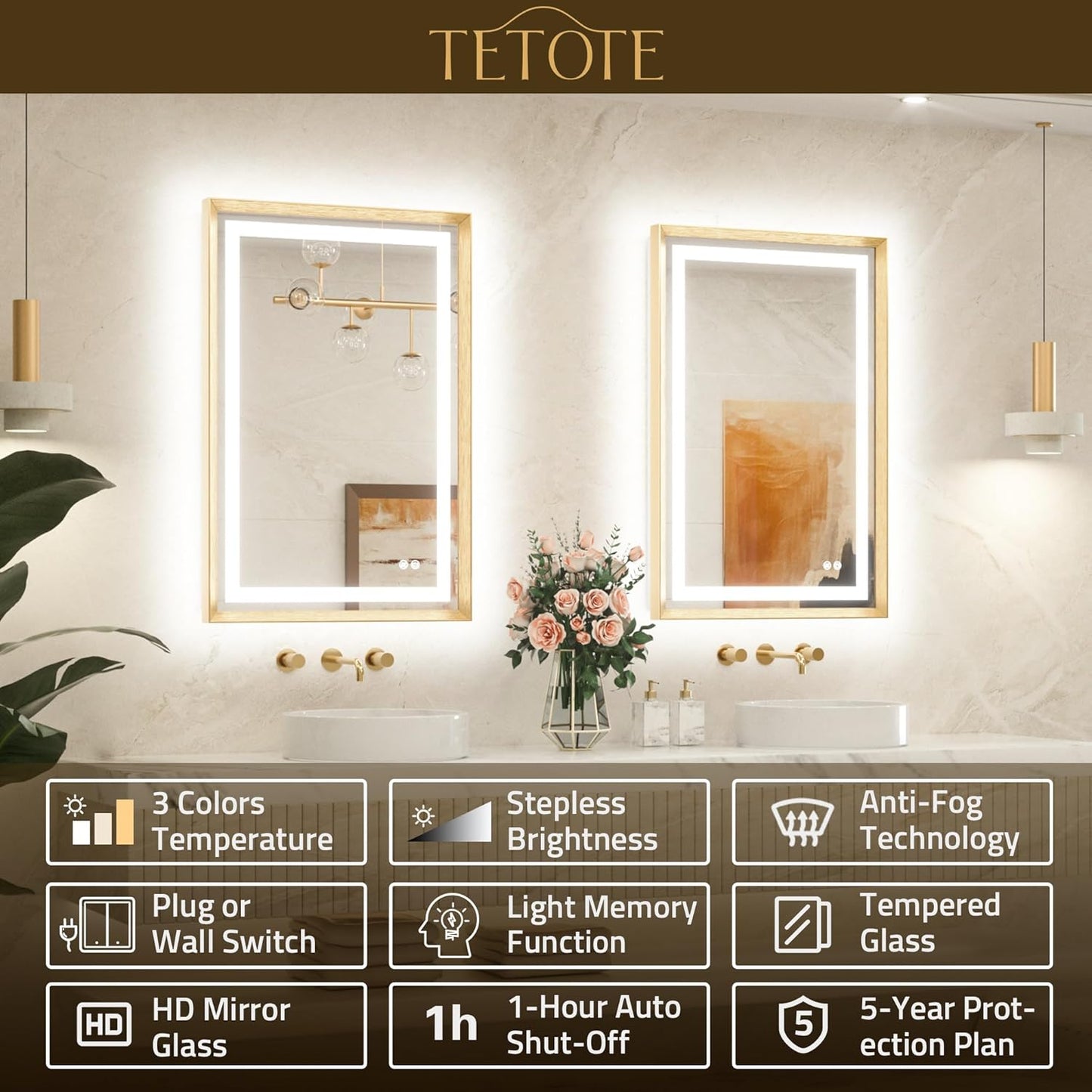 22 x 30 Bathroom LED Mirror Brushed Gold Metal Frame Frontlit & Backlit Vanity Mirror Anti-Fog Stepless Dimmable 3 Colors White/Warm/Natural Mirror with Lights Wall-Mounted