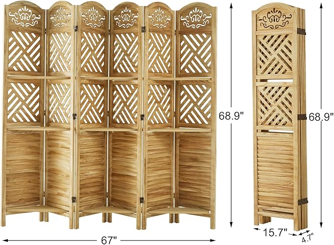 Svimi Room Divider with Shelves, 68.9inch Wood Carved and Louvered Wall Divider - Image 4
